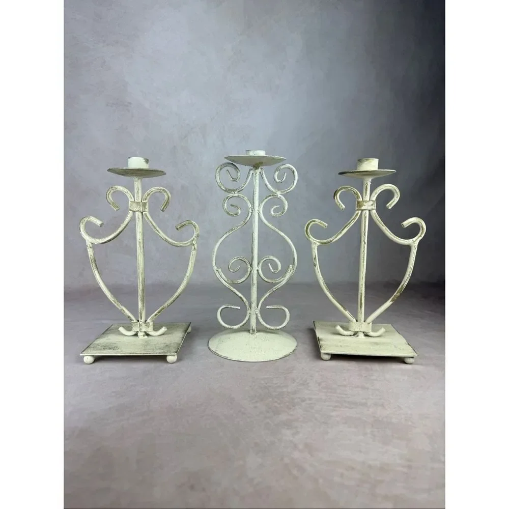 Vintage 90s Ivory Iron Candlestick Holders Scroll Cottagecore Shabby Chic Set of